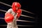 Young boy boxer doing shadow boxing inside a ring. Practicing moves at a studio