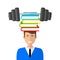 Young boy carring a heavy pile of books. Vector