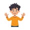 Young boy cartoon character greeting happily. Cheerful child waving both hands