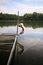 Young Boy Child Playing on Dock by Water on Small Lake