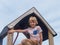 Young boy on climbing frame