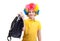 The young boy in clown wig with school satchel