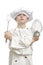 Young boy dressed as chef with whisks on white background.