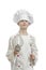 Young boy dressed as chef with whisks on white background.