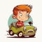 Young boy drives a car. Vector graphics. Illustration for a child.