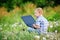 Young boy in field with dandelions with a laptop