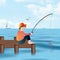 Young Boy Fishing on Pier.  Fish on Line.  Lake View with Boats. Illustration