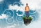 Young boy on floating rock platform in sky with interface