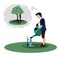 Young boy in gardening gloves is watering apple sapling from large watering can and thinking about how he will grow up