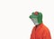 Young boy with green frog animal mask in orange bathrobe on white background