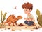 A Young Boy and His Pet Dinosaur Finding a Fossil in a Desert AI Generated