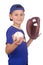Young boy holding ball and mitt
