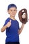 Young boy holding ball and mitt