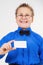 Young boy holding an empty advertising card