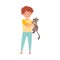 Young Boy Holding His Cat Pet and Stroking It Vector Illustration