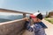 Young boy looking at the Olympic mountains in summer, on Hurricane Ridge in Olympic National Park