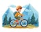 Young boy mountain biking outdoors, happy child wearing helmet backpack rides bike among mountains