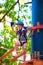 Young boy passing the cable route high among trees, extreme sport in adventure park