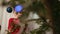 Young boy peeking out from a fir tree. Joyful lad hiding behind christmas tree.