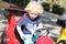 Young boy playing with bumper car