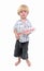 Young boy playing cardboard guitar with white background