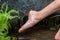 Young boy playing with clear water at a little creek using his hands and the clear water spring cooling his feet