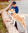 Young boy playing with his dog Akita Inu