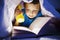 A young boy reading a book under the covers with a flashlight at dark night time