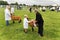 A young boy receives the winners rosette after his sheep was judged 1st at the 2015 Gillingham & Shaftesbury Agricultural Show,