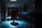 Young boy in red cape and caped cloak stands in dark hallway. Generative AI