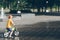 Young boy riding strider bike