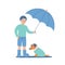 Young boy in rubbers holding umbrella under dog in coat. Child protecting puppy from rain. Friendship and take care concept. Kids