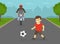 Young boy running onto road directly in front of moto rider. Kid playing football on the street.