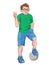 Young boy with serious facial expression in green t-shirt, blue shorts and sneakers and glasses showing peace sign while