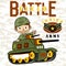 Young boy soldier cartoon with armored vehicle