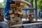 Young Boy Standing on Top of Wooden Blocks