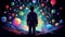 Young boy stands before vibrant, surreal cosmic dreamscape, with vivid colored planets and stars suspended like balloons