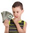 Young boy thinking what to buy with money