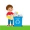 Young Boy Throwing Paper In Recycle Bin. Waste Recycling.