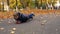 Young boy trying to ride skateboard on belly