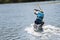 Young boy wakeboarding