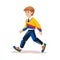 Young boy walking confidently in colorful casual clothes. Happy child in motion wearing sports outfit vector