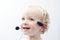 Young boy wearing phone headset