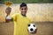 Young Brazilian Football Soccer Player Holding Trophy