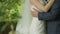 A young bride is hugging her lover. Loving couple hugging each other in a park among green leaves.