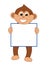 Young brown monkey smiling and standing with brown eyes holding a billboard - vector