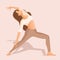 Young brunette girl practices yoga, meditation, dancing, sports, healthy lifestyle at home. Vector illustration of a