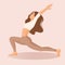 Young brunette girl practices yoga, meditation, dancing, sports, healthy lifestyle at home. Vector illustration of a