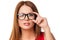 Young brunette woman adjusts glasses