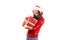 Young brunette woman with long curly hair wearing santa claus hat andd holding presents